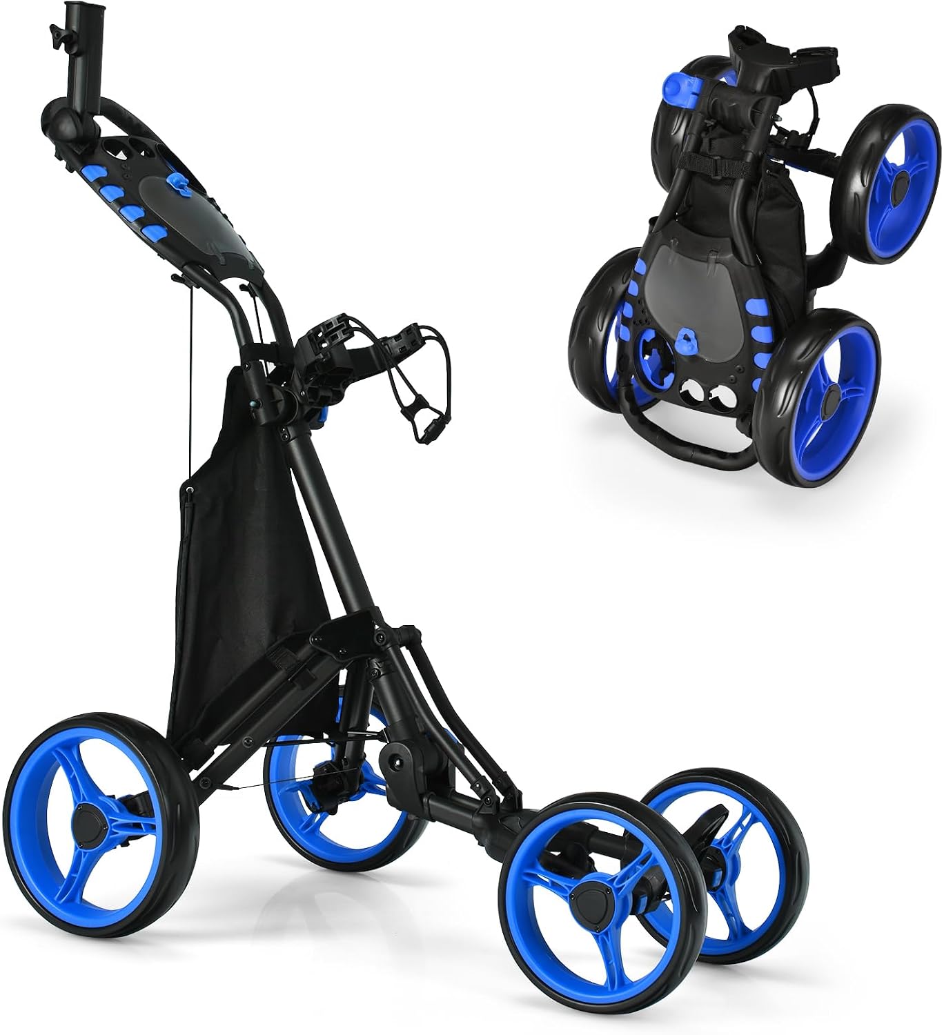 GOPLUS Wózek golfowy 4 koła z regulowanym uchwytem hamulec nożny wózek golfowy składany z uchwytem na kartę wyników parasol i napoje torba do przechowywania Golf Caddy Golf Push Cart