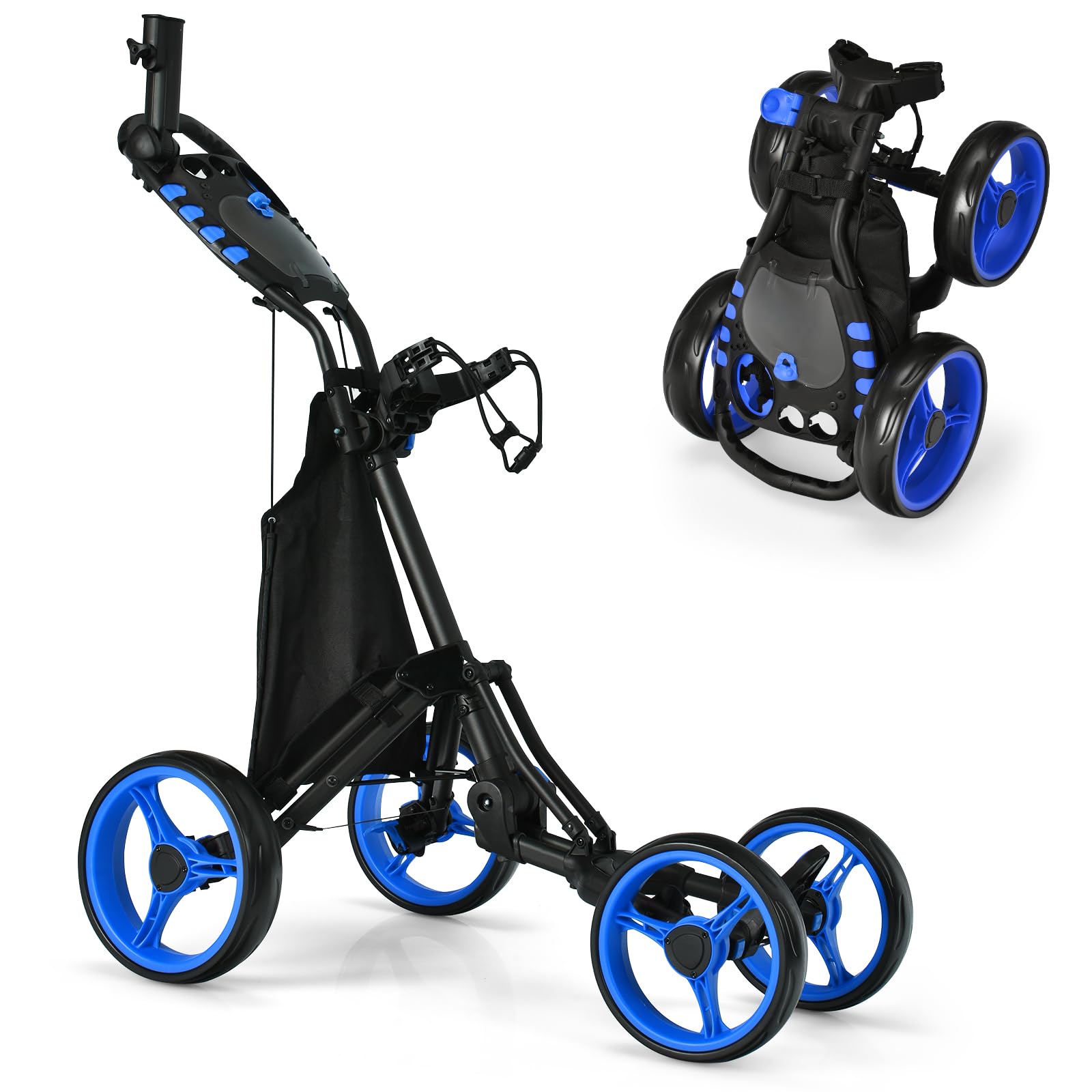GYMAX Carrello da Golf Pieghevole a 4 Ruote, Carrello da Golf con Supporto per Segnapunti/Coppa/Ombrello, Borsa Frigo, Staffa Superiore con Cinghia Elastica, Freno a Pedale, Manico Regolabile