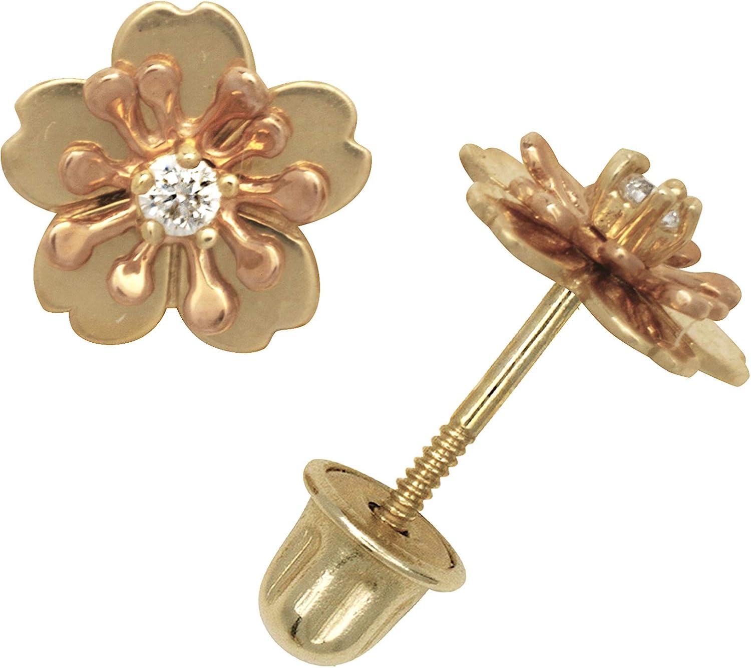Jewelryweb Solid 14k Yellow or White Gold 7mm Hibiscus Flower CZ Screw back Stud Earrings