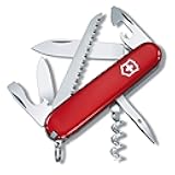 Camper Swiss Army Knife, 13 Functions, Swiss Made Pocket Knife with Large Blade, Screwdriver, Tweezers and Key Ring - Red