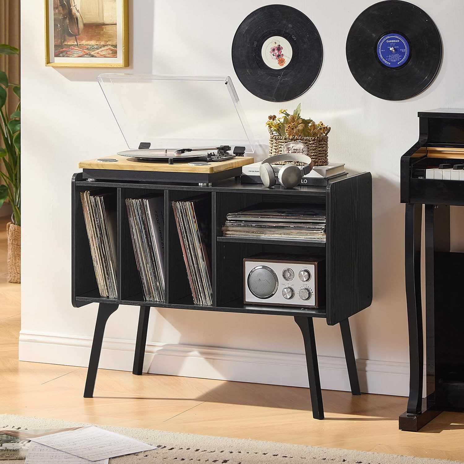 Lerliuo Record Player Stand with 4 Cabinet Holds Up to 220 Albums, Large Turntable Stand with Beech Wood Legs, Mid-Century Record Player Table,Black Vinyl Holder Storage Shelf for Bedroom Living Room