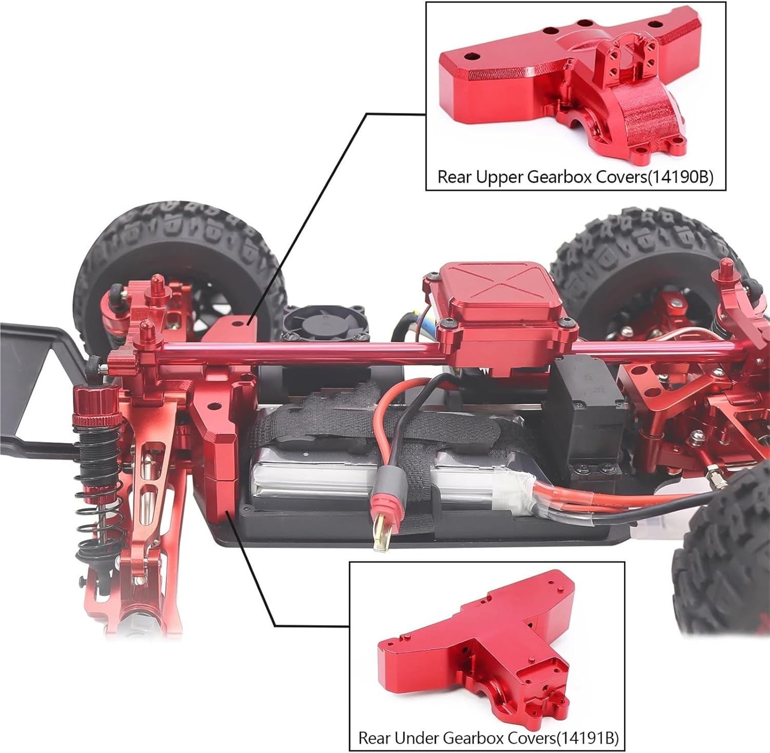 RC Car Parts for MJX for Hyper Go 1/14 14210 14209 14190B 14191B Metal Rear Upper Under Gearbox Covers Differential Case Cover Decoration RC Car Upgrade Spare Parts(Red,Set)