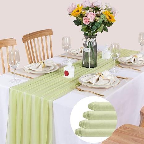 SAJOO 4 Pieces Boho Romantic Wedding Table Runner 10FT Saga Green Chiffon Table Runner Boho Romantic Wedding Tablecloth for Elegant Wedding Decor and Birthday Girl Party Table Decorations