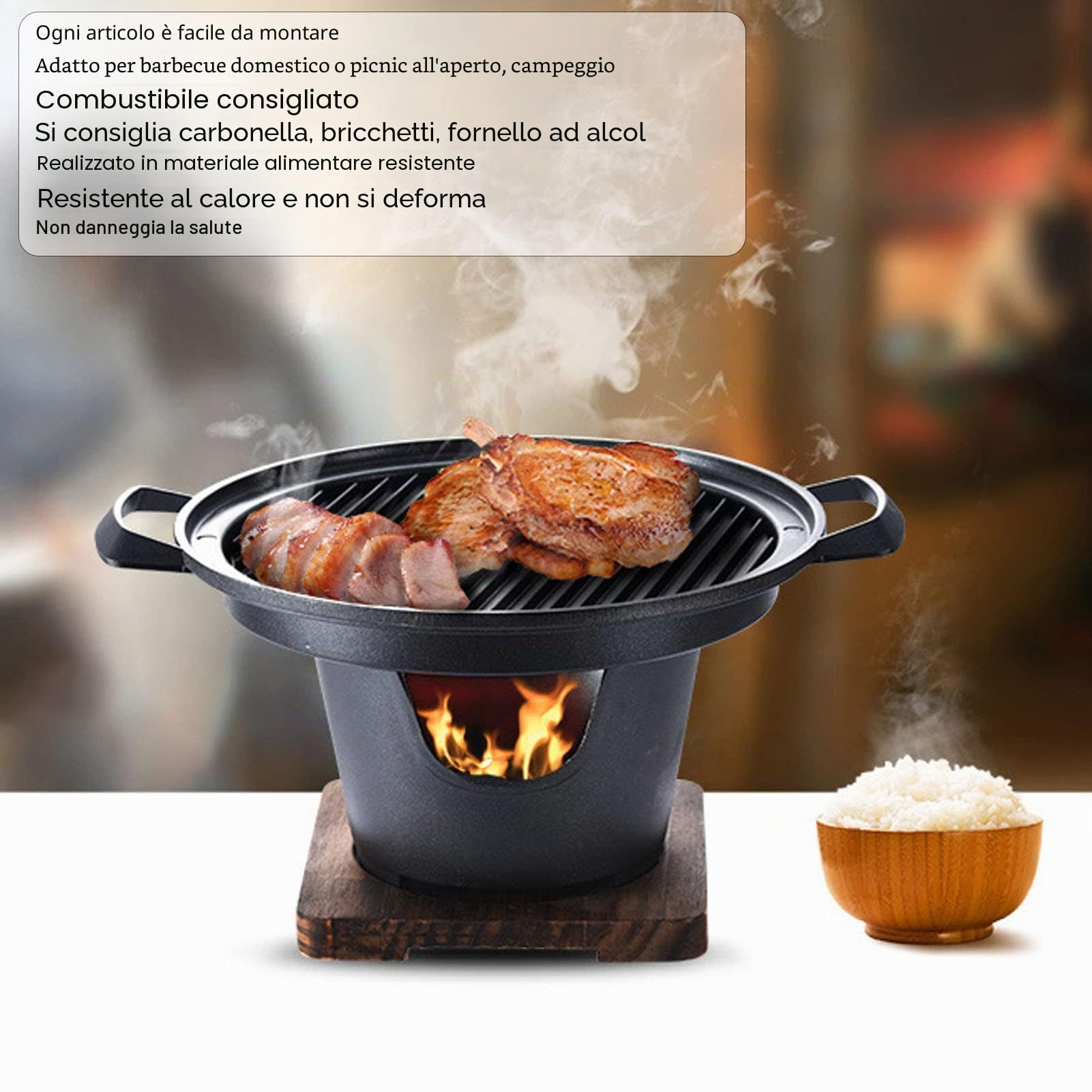 Mini Barbecue Carbone Portatile Antiaderente Base Legno Senza Fumo | Compatto Leggero Montaggio Veloce, Regolazione Aria Per Piccoli Gruppi Casa Esterno Balcone Campeggio