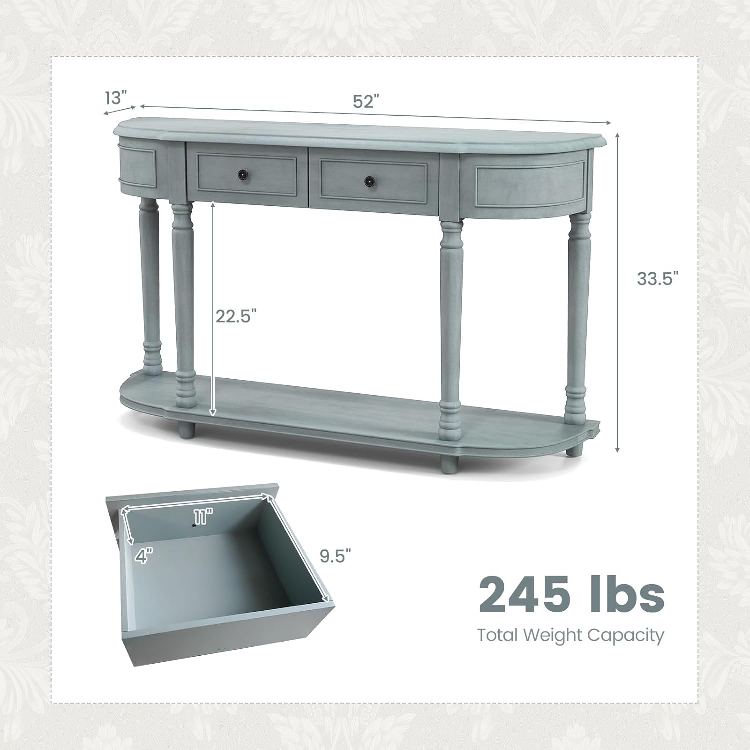 52" Blue Wood Console Table with Storage Drawers and Shelf