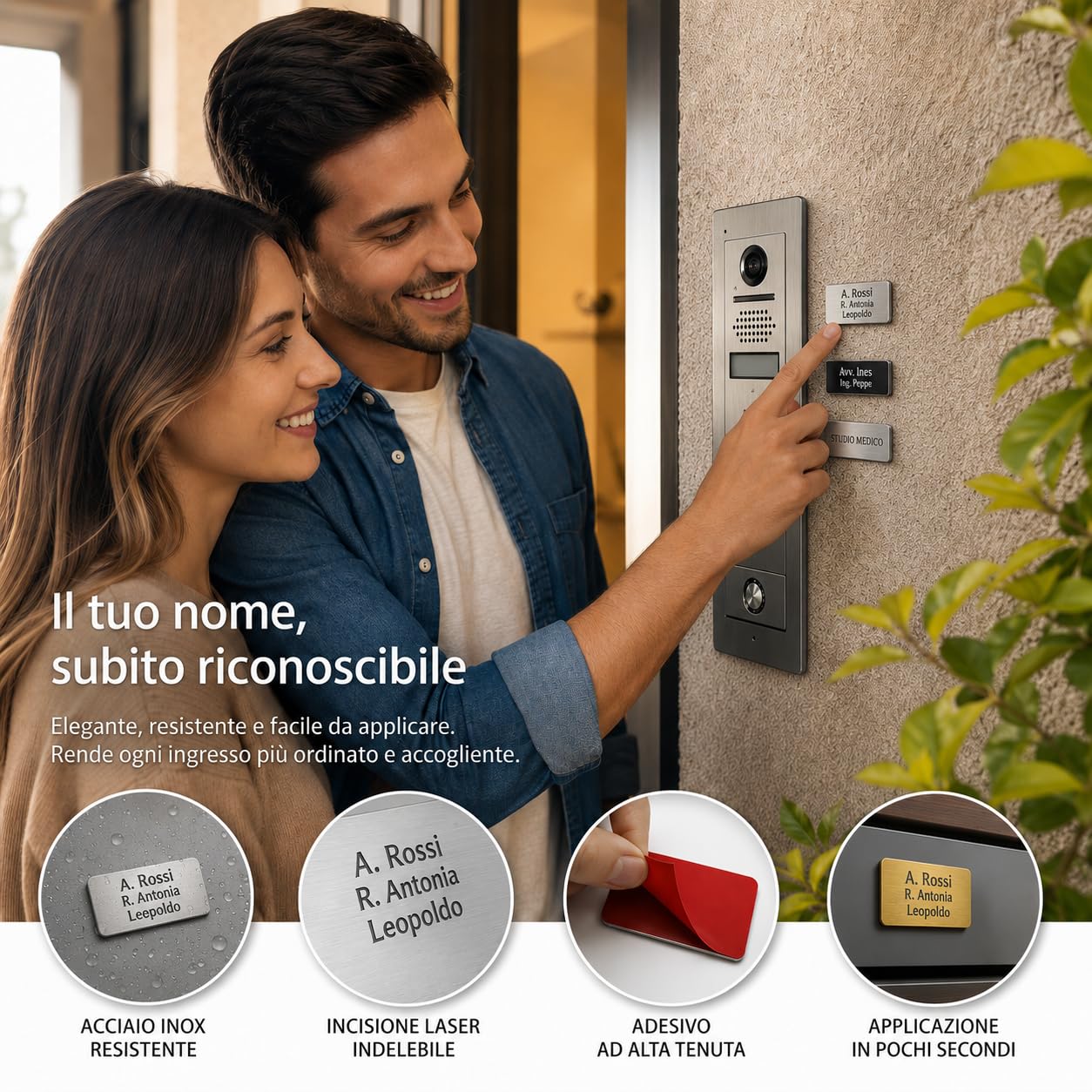 Targhetta Citofono Esterno Personalizzabile - Adesiva, in Acciaio Inox - Incisione Laser - Targhetta Personalizzata per Casa, Porta Ingresso, Armadietti, Cassetta Postale - 7x2cm (Oro)