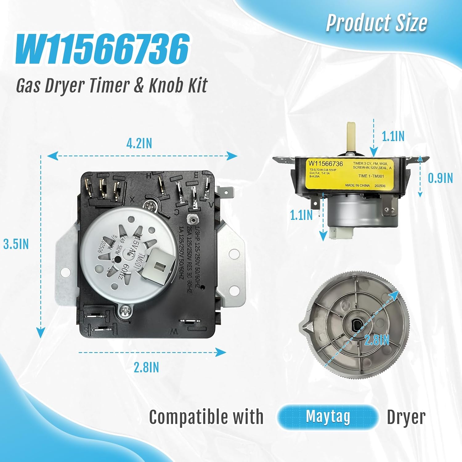 W11566736 W11701755 Gas Dryer Timer & Knob Kit for Whirlpool Maytag (115VAC 60Hz), Replace 4982474 AP7225135 OEM28900542 PS17629166 EAP17629166 FIX17629166 162-427-1 23263CD2 T2