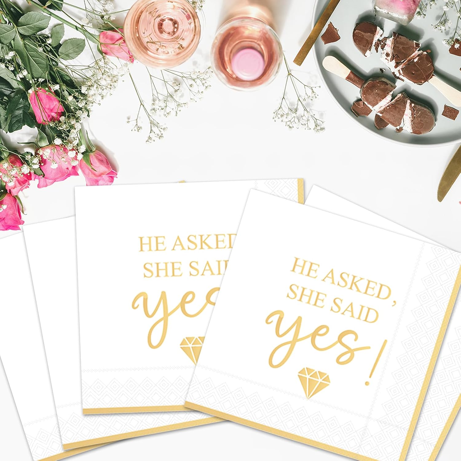 100Pcs He Asked She Said Yes Party Napkins Engagement Paper Napkins Happy Engagement Wedding Party Supplies Disposable Napkinfor Bridal Shower Birthday Decorations 6.5x6.5 In