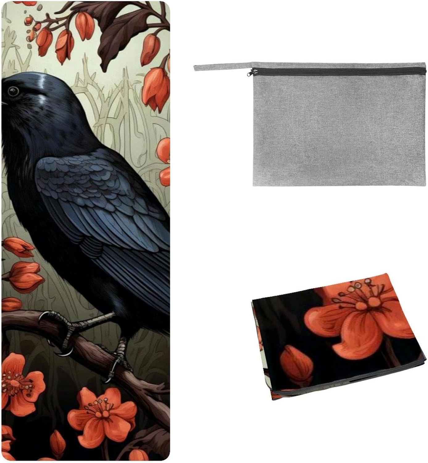 Yoga Towel, Black Crow Pattern Non Slip Sweat Absorbent Hot Yoga Mat Towel for Hot Yoga, Pilates and Fitness - 72.8" x 26.8"
