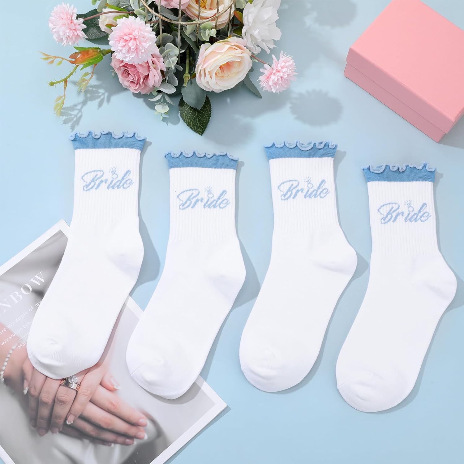 2 Pairs Bride Socks for Women, Bride To Be Something Blue Gift Cute Soft Cotton Bridal Ruffle Socks Bachelorette Party Accessories Wedding Day Bridal Footwear Gift - Image 2