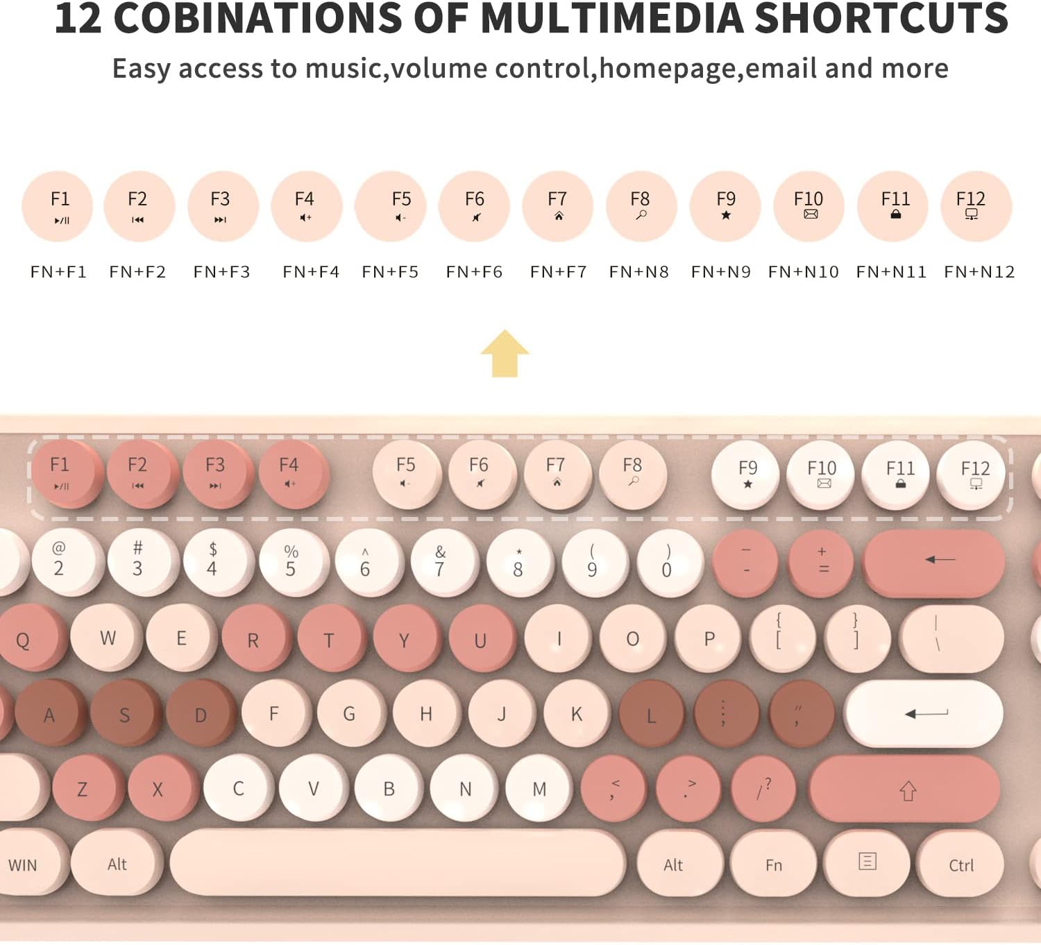 V2020 Keyboard and Mouse Combo, Colorful Wireless Keyboard with Round Keycaps,2.4GHz Dropout-Free Connection,Long Battery Life,Cute Wireless Mouse for PC/Laptop/Computer (MilkTea Color)