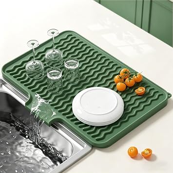 Rnivvi Silicone Dish Drying Mat for Kitchen Counter, 16 x 12" Dish Rack Mat with Drainage Spout, Non-Slip Countertop Protector Heat Resistant Trivet, Drainer Organizer for Home Kitchen Sink , Green