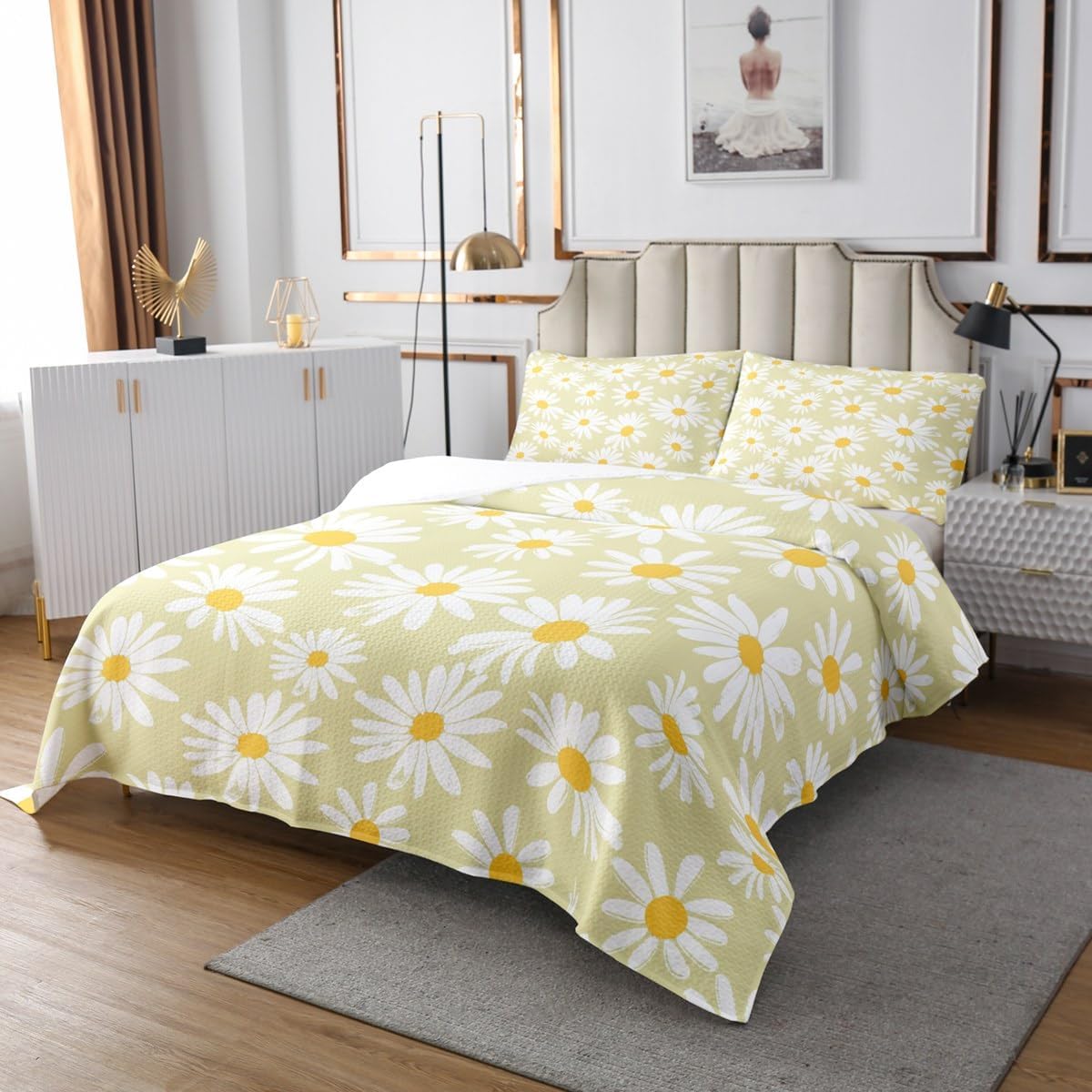 Daisy Lightweight Quilt Set for Kids Teens,Yellow White Yellow Bedspread Coverlet,Daisy Flowers Bed Cover Spring Floral Bedding Set Decorative Quilted 2 Piece Coverlet Set with 1 Pillow Sham,Twin Size