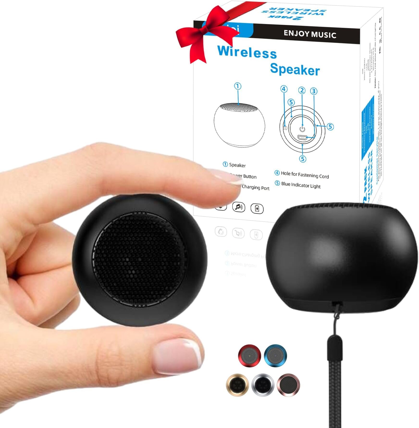 2 Mini Speakers, 3W Small Portable Bluetooth Speaker with Lanyard, Water Resistant, Wireless Stereo Pairing, Rechargeable Mini Wireless Speakers for Phone, Tablet, Built-in Microphone