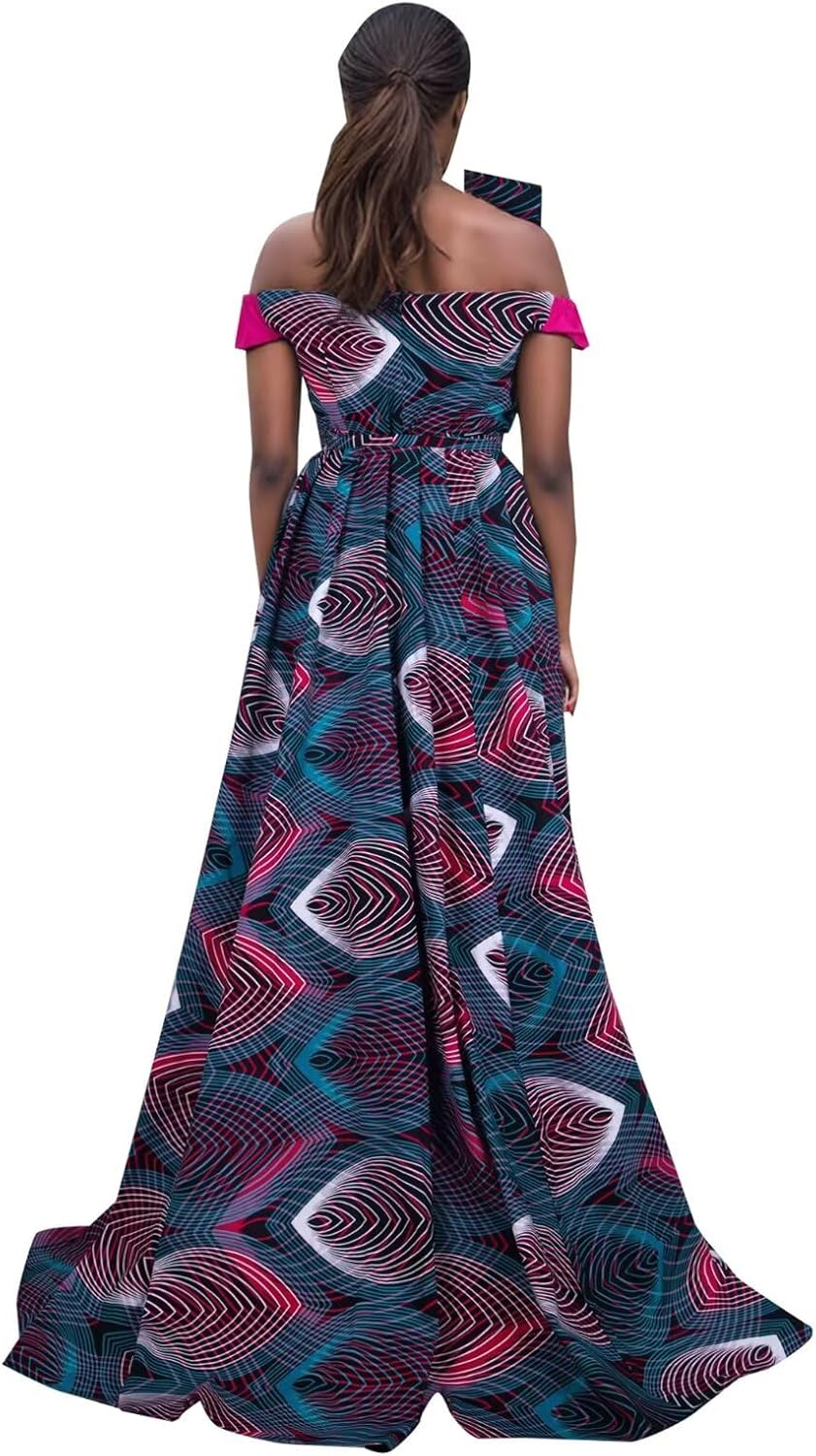 ABCWAX Women's African Kente Print One Shoulder Maxi Dress with Bow Detail Elegant Women's Gown