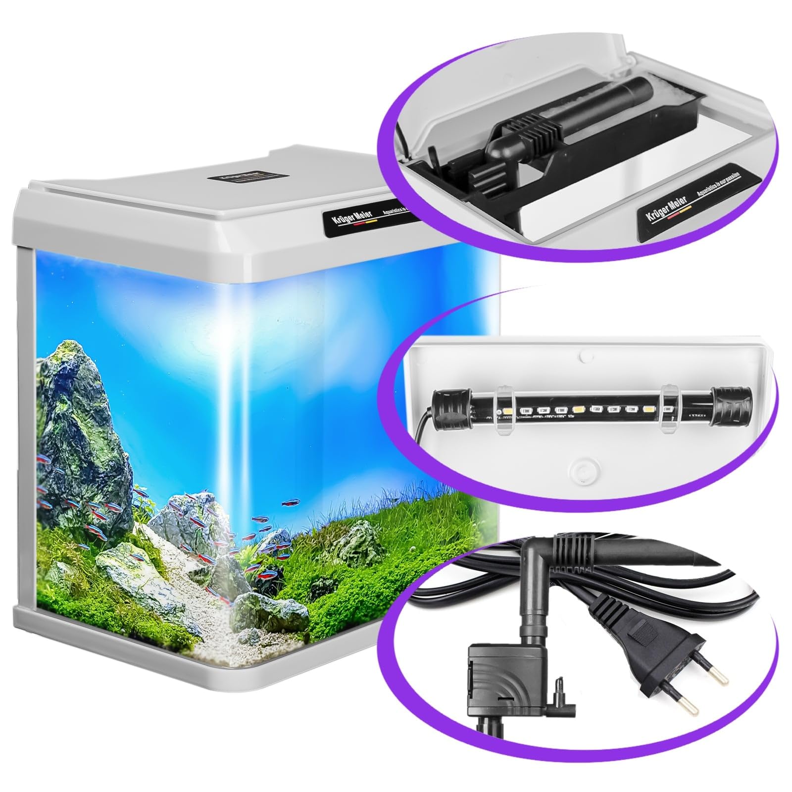 Kruger Meier Como Aquarium 7L – Nano-Aquarium Set mit Beleuchtung, Filter & Abdeckung – Weiß
