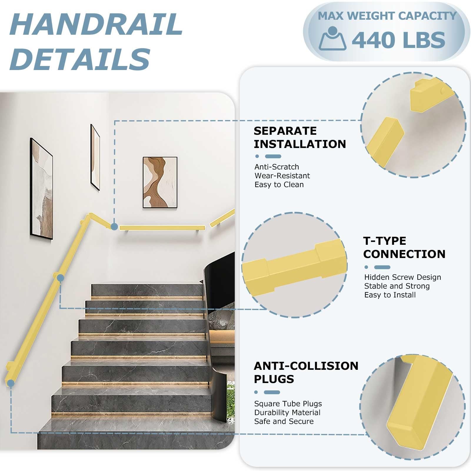 Pasamanos de escalera para paredes, barandilla de barandilla de hierro forjado dorado para soporte de montura de pared al aire libre y interior, barra de agarre de escalera sin deslizamiento(570cm)