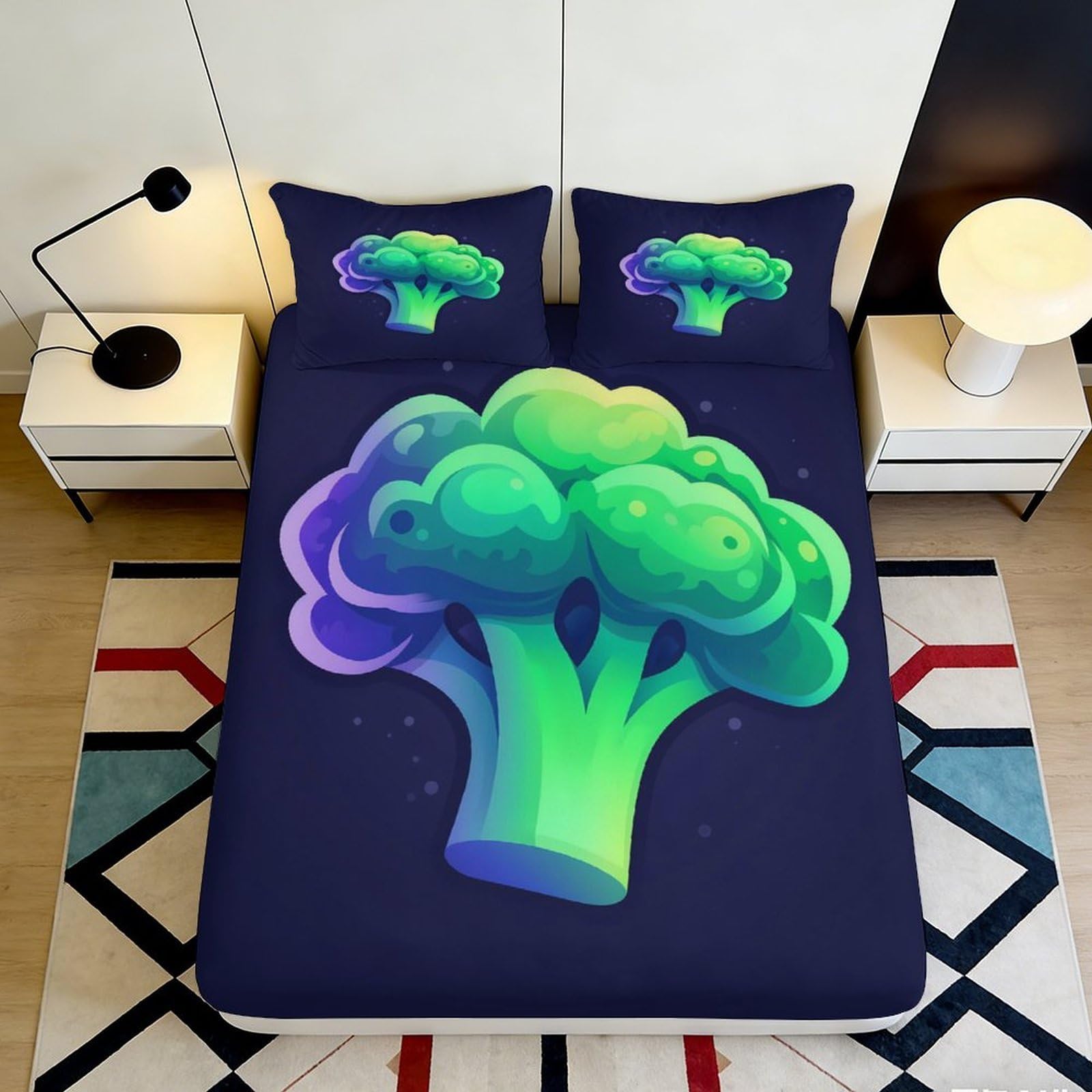3D Printed Broccoli Fitted Sheet Microfiber Soft Breathable Green Vegetable Bed Cover for Bedroom Dormitory Guest Room Mattress Protection 90x200x25cm