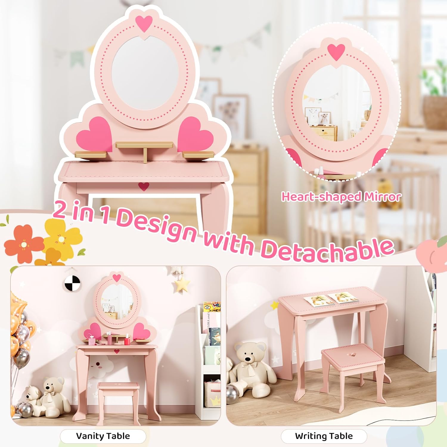 Arlopu Kids Vanity Table and Chair Set, Toddler Pretend Play Dressing Makeup Table with 8 Pcs Accessories, Open Shelves, Mirror&Stool, 2-in-1 Convertible Princess Wooden Toys for Little Girls (Pink)