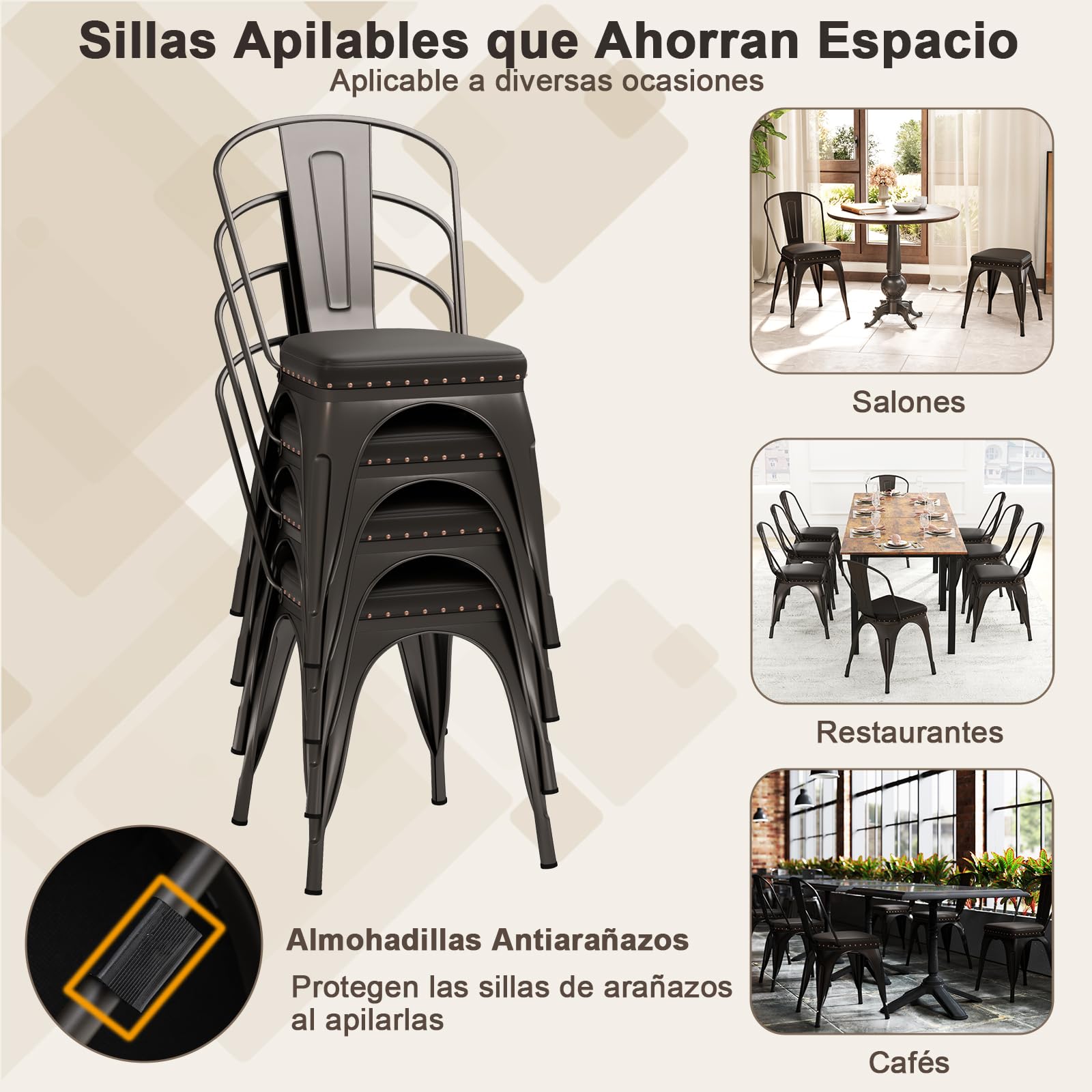 GIANTEX Juego de 4 Sillas de Comedor de Metal Apilables, Asiento Acolchado y Respaldo Desmontable, Carga hasta 150 kg, Sillas de Estilo Industrial para Restaurante, Cafetería, Bistró (Marrón)