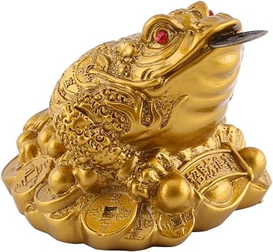 Frog, A in Its Mouth, Auspicious Chinese Symbol of Money-Making, Feng Shui Frog Painted Gold Color, Money Frog, for Home Decoration Feng ShuiImitation Copper, Small Size 6X6X5 cm