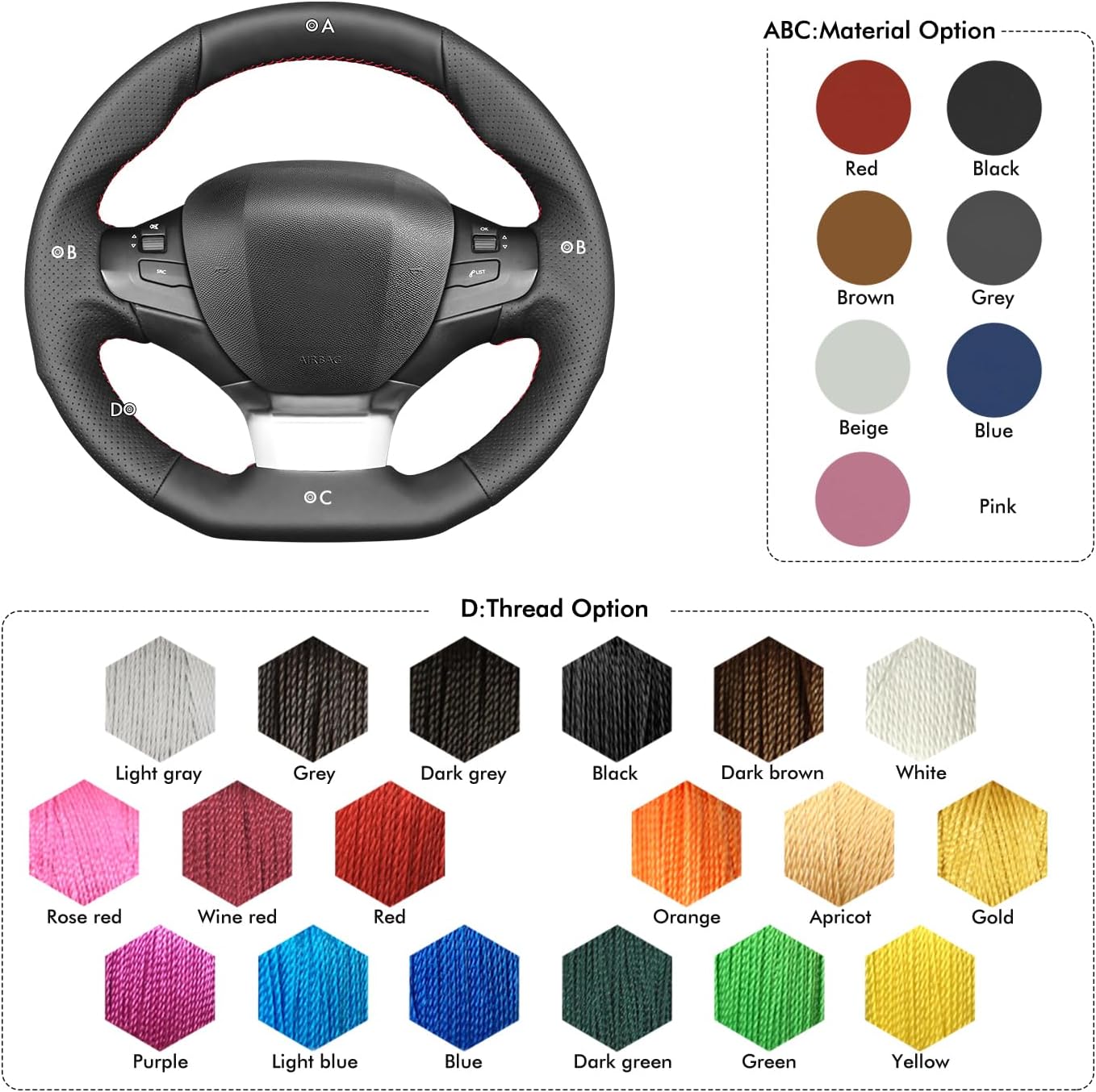 MEWANT Car Steering Wheel Covers for Peugeot 308 2013-2021/308 SW 2014-2021 Hand-Stitched Microfiber Leather Car Steering Wheel Wrap