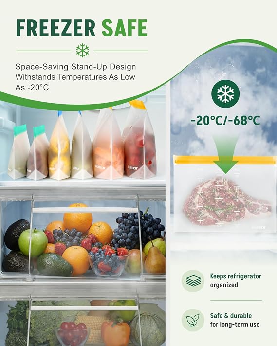 IDEATECH Reusable Freezer Bags 20 Pack Gallon Silicone Food Storage Leakproof Stand Up Pouches BPA Free Dishwasher Safe Plastic Zip Lock Batch Cooking Meal Prep