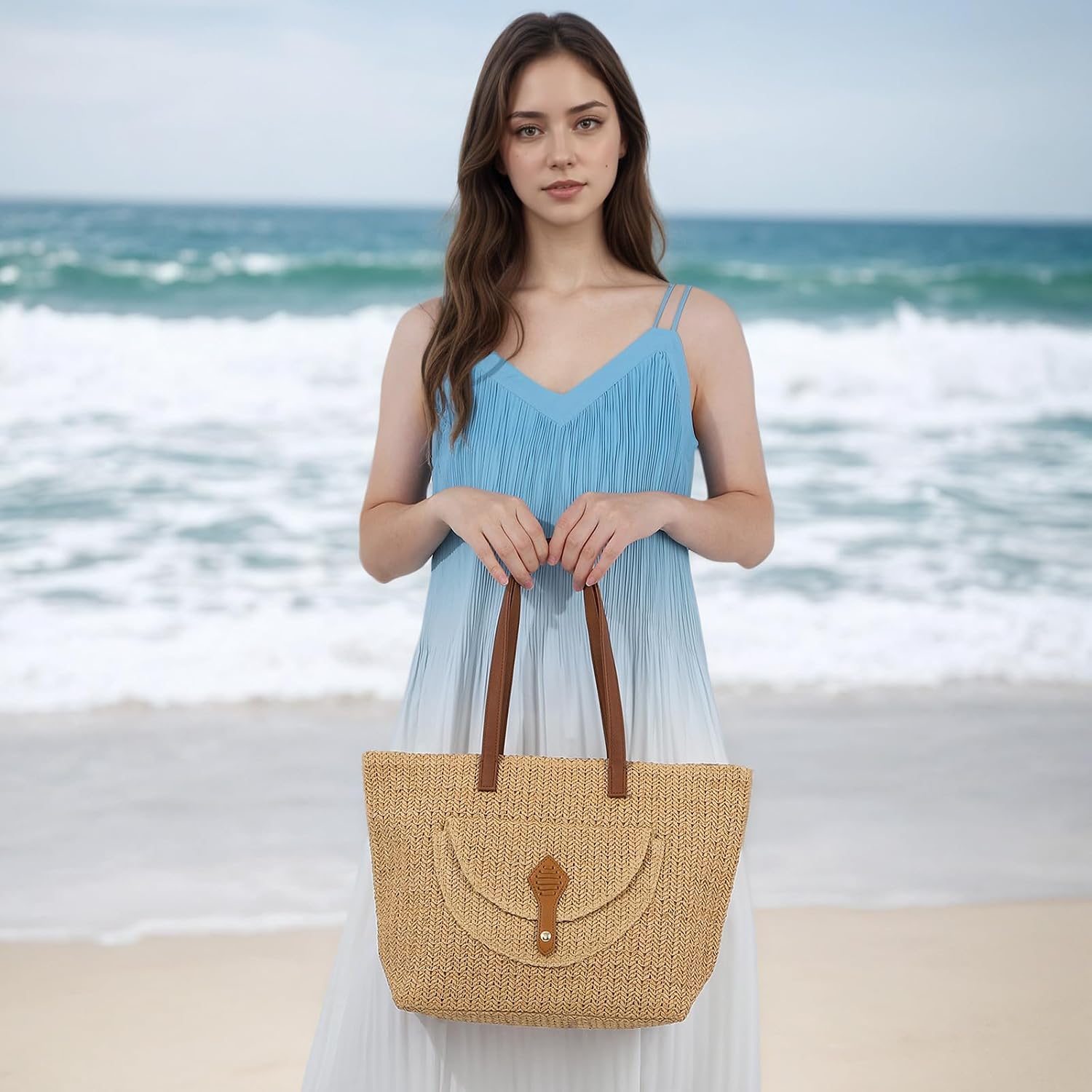 Women Straw Woven Tote Bag Summer Beach Bag Casual Boho Faux Raffia Shoulder Bag with PU Leather Handles for Holiday Travel, Brown image 3