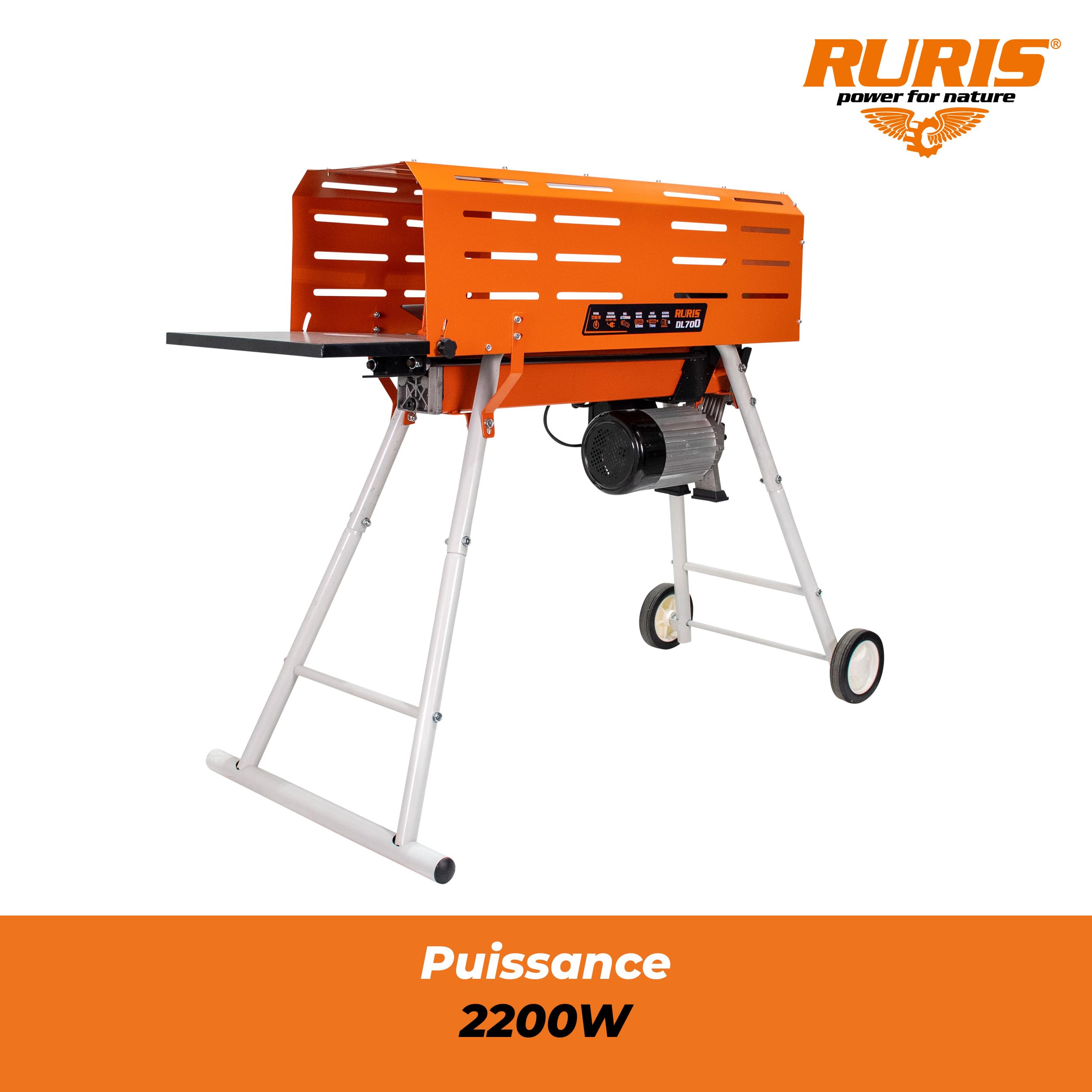 RURIS POWER FOR NATURE Fendeur de bûches électrique DL700-2200W, 7 tonnes, Capacité 52cm x 25cm - Avec Support et Cage