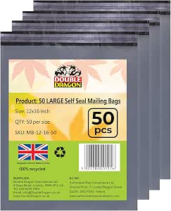 Double Dragon 50-Pack 12"x16" Self-Seal Grey Poly Mailer Bags |Self-Seal Shipping Envelopes | Strong, Waterproof, Tamper-Proof Polythene Packaging for Clothes, Bedding & Parcels (Also for Storage) - View 2