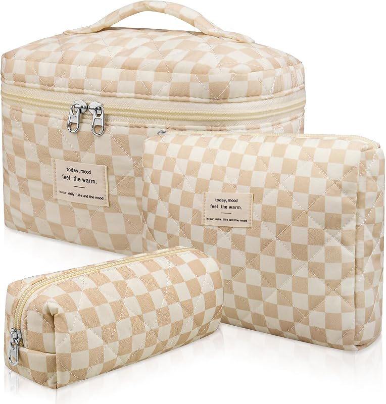 Gosect Conjunto com 3 necessaires de maquiagem de algodão, estojos acolchoados com estampa xadrez e floral, tamanhos variados