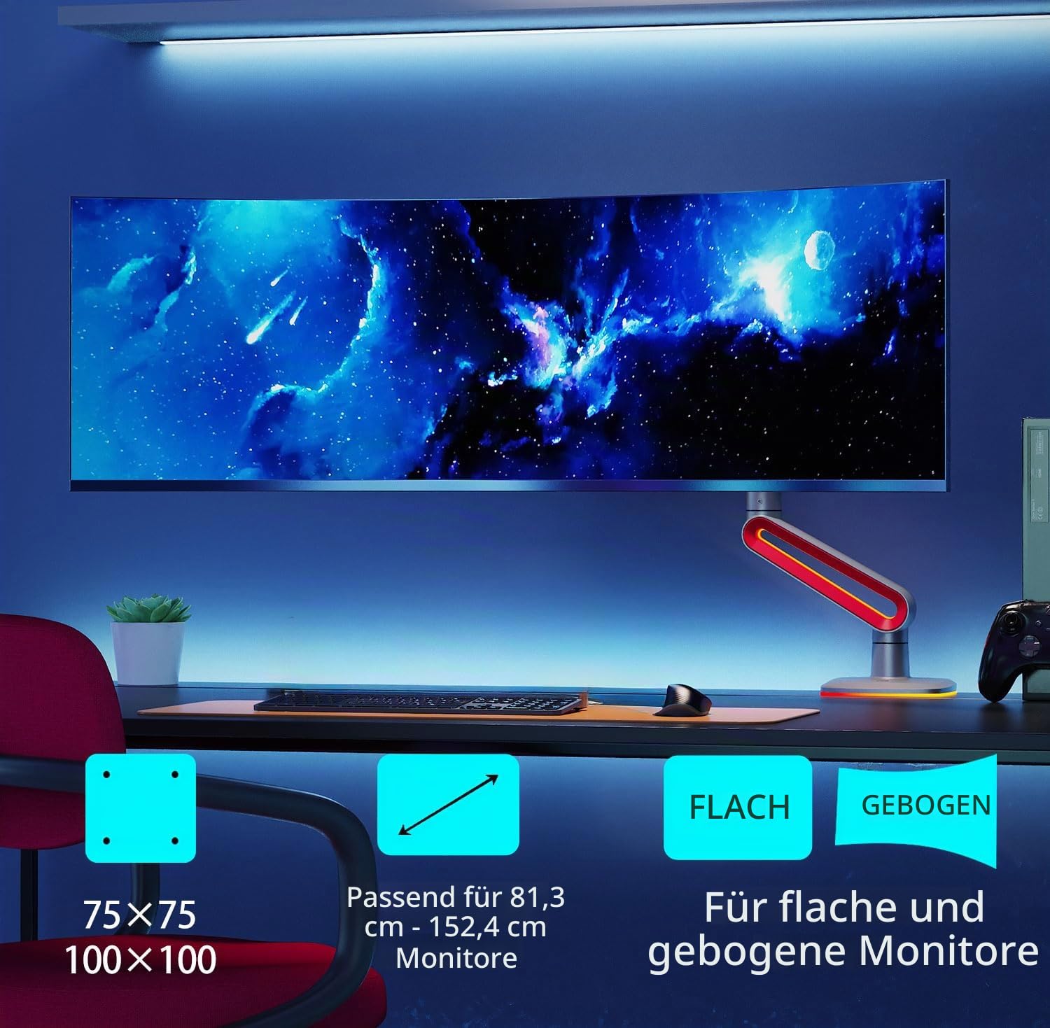 NB Ergonomic Monitorarm for Ultrawide Bildschirme bis zu 60 Zoll, Gaming Monitor Halterung Arms Last bis zu 20 kg, C-Clamp & Grommet Installation VESA 75/100 mm (Rot)