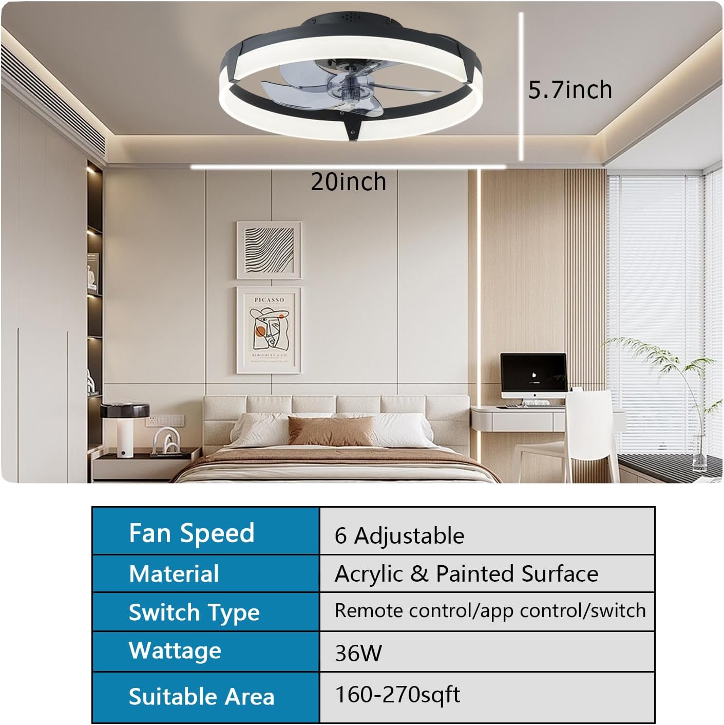 20″ Ceiling Fans with Lights and Remote, New Upgraded Low Profile Ceiling Fan,Dimmable Modern Flush Mount LED Ceiling Fan,Ultra Quiet 3CCT Ceiling Fans for Bedroom,Living Room,Black image 3 of 9 B0DZH6H3SR