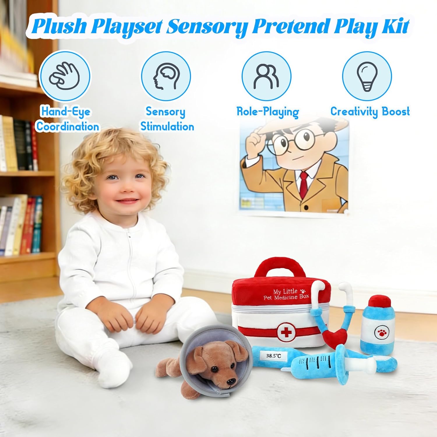 Stuffed Plush Pet Vet Kit for Baby Toddler, 6-Pcs My Little Pet Doctor Plush Playset, Sensory Pretend Play Stuffed Plush Toy with Pet Medicine Box/Puppy Patient/Stethoscope, Boy Girl Infant Gifts