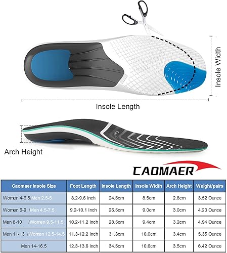 Miniatura 6 de Caomaer Plantillas para aliviar la fascitis plantar para hombres y mujeres, plantillas de zapatos con soporte de arco para pies planos, alivio del