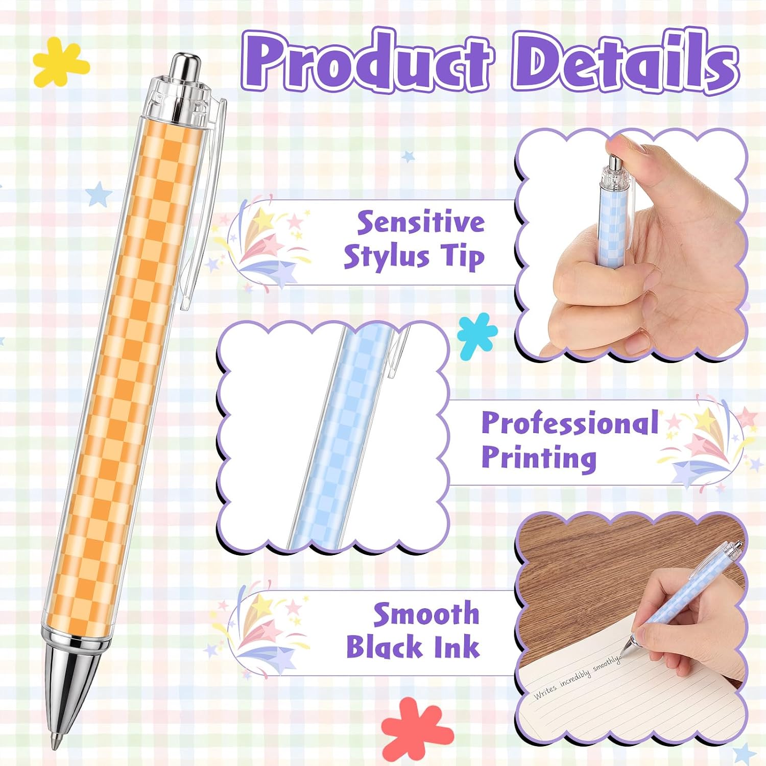 24 Pcs Colorful Checkerboard Ballpoint Pens Bulk, Black Ink image 3