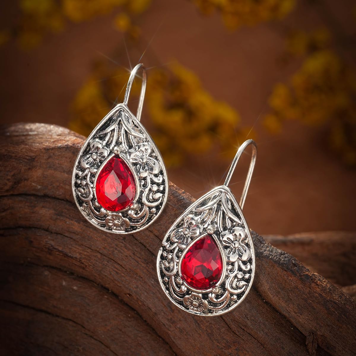 Emsione Vintage Antique Teardrop Red Zirconia Flower Studs Dangle Earrings Party Jewelry Birthday for Mum Men