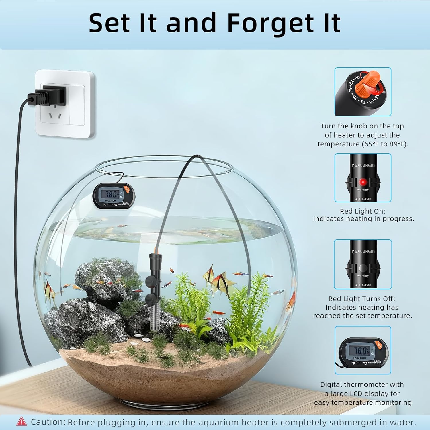 Aquarium heater and digital thermometer installed in a fish tank