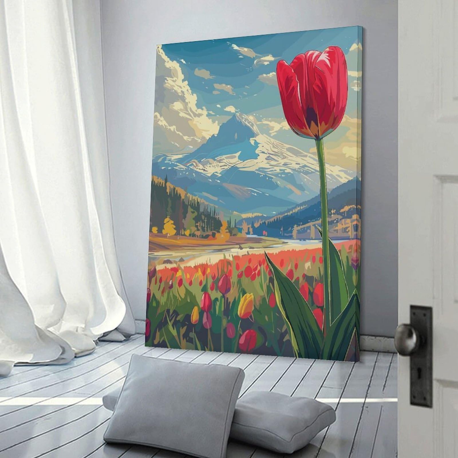 Junmoney Wall Art Print Mountain View with Tulips, 12x18inch(30x45cm), for Hallway, Bedroom Or Modern Interiors, Thoughtful Wall Decor for Art Lovers