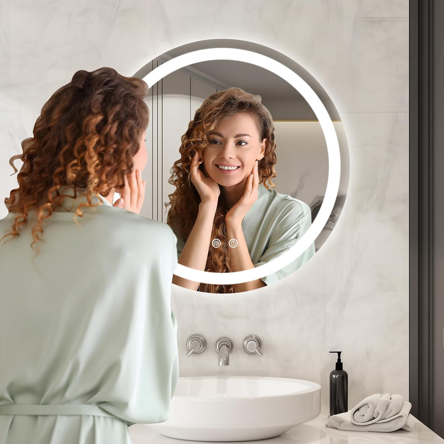 WallBeyond LED Bathroom Mirror with Lights, 24'' Round Light Up Bathroom Mirror for Wall with Front and Backlit, Anti Fog Led Mirror for Bathroom, 3 Colors and Dimmable Light