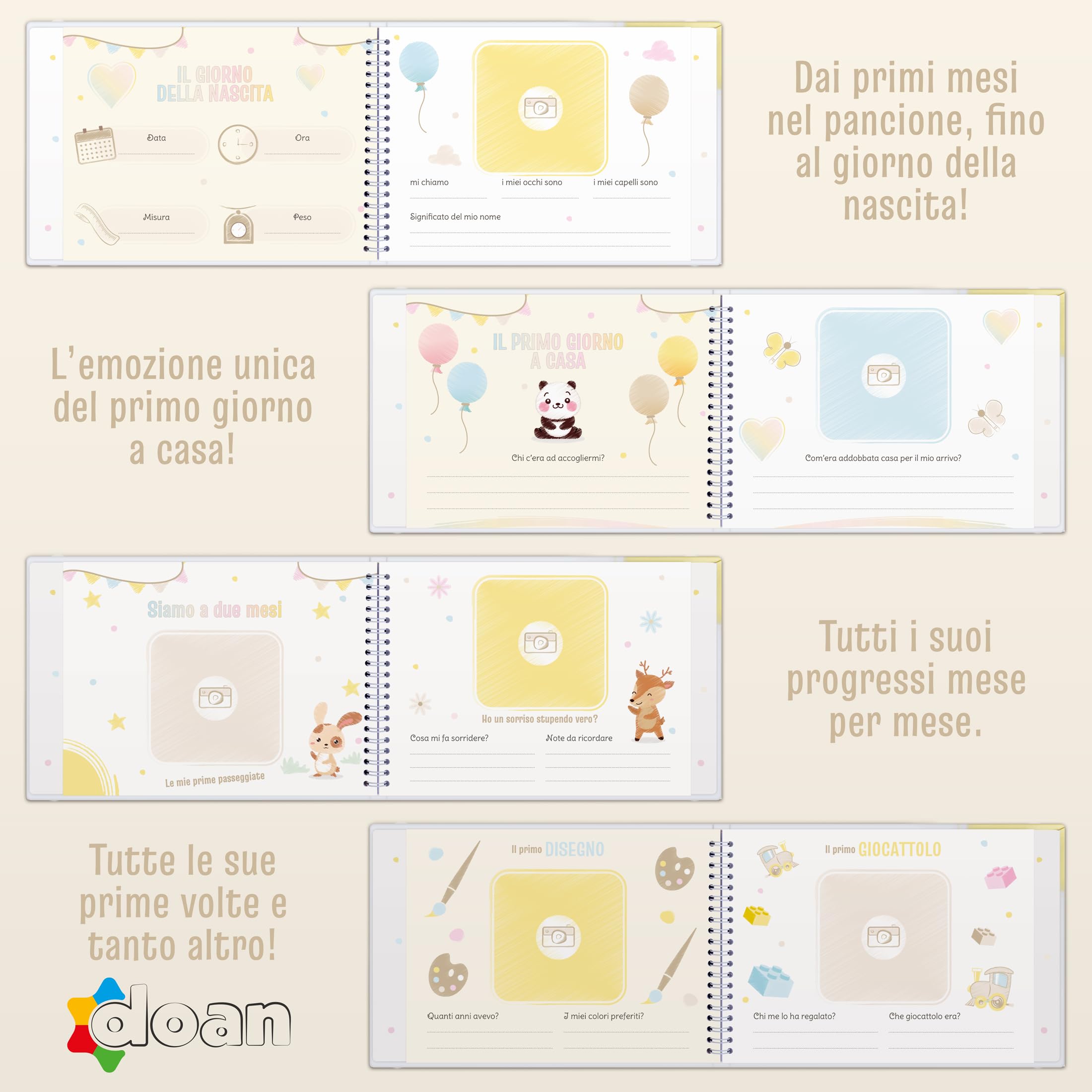 Doan Album Nascita Bambina e Bambino con 60 Pagine e Tanti Adesivi Divertenti e Colorati - Libro dei Ricordi Neonato Ideale per Regalo Nascita Bimba e Bimbo