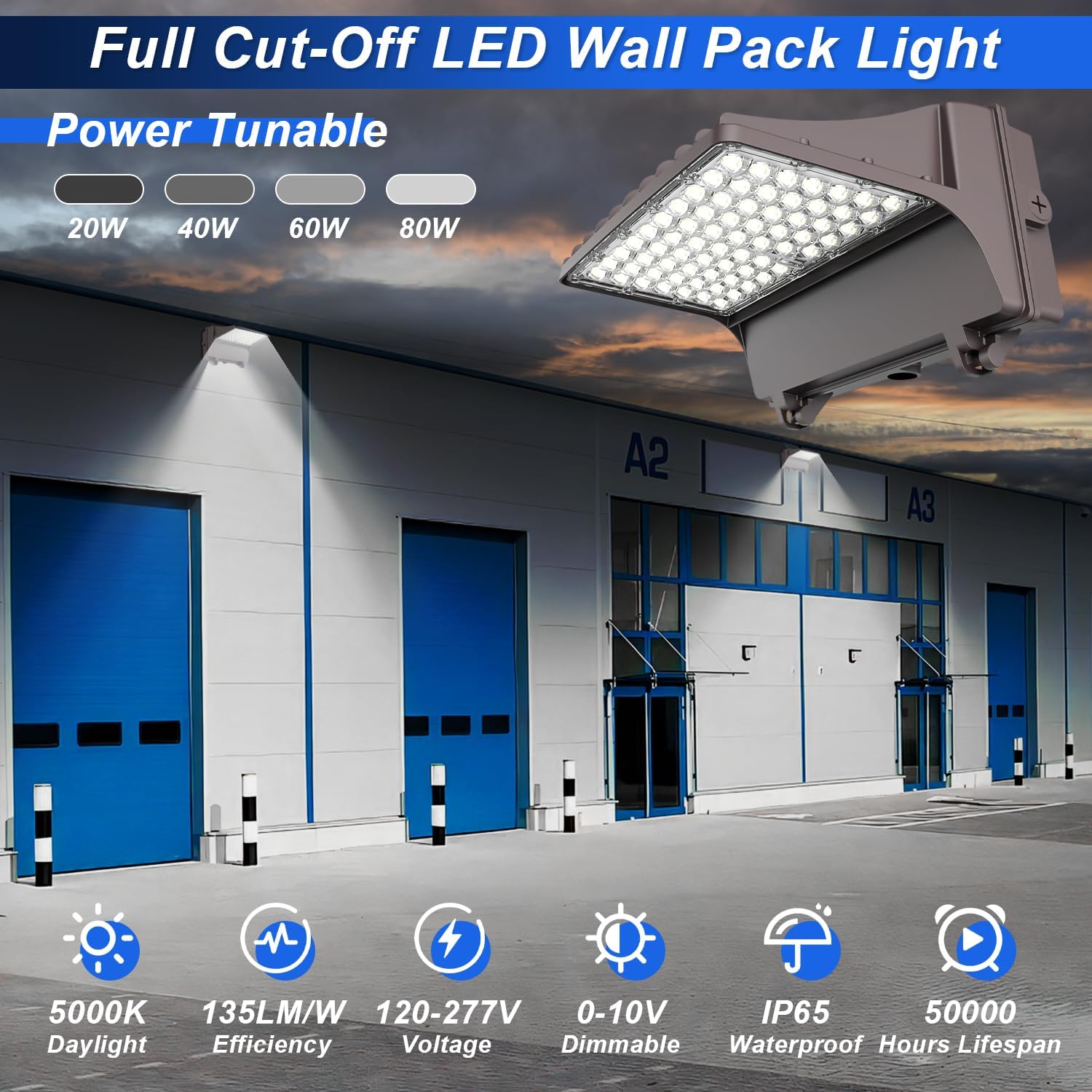 LED Full Cut-Off Wall Pack Light with Dusk to Dawn Photocell, 80W/60W/40W/20W Wattage Selectable, 5000K Outdoor LED Wall Light, 100-250W MH/HPS Equiv, IP65 Waterproof AC120-277V, DLC ETL Listed