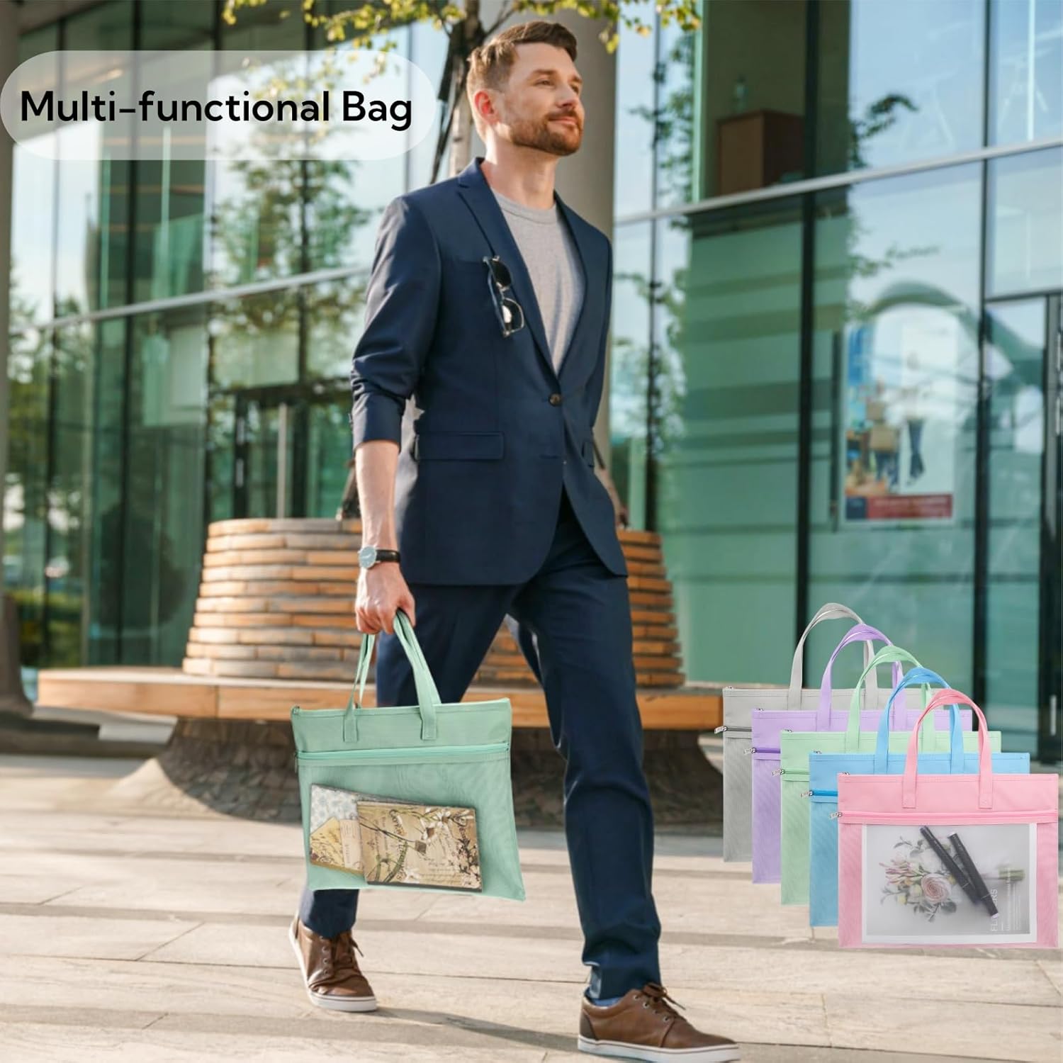 5 Pack Mesh Zipper Pouch with Handle, A4 Double Layer Document Storage Bag, Waterproof File Pocket for Paper Books Art Supplies, Foldable Folder Bag Suitable for Office Travel Carry, 5 Colors - Image 5