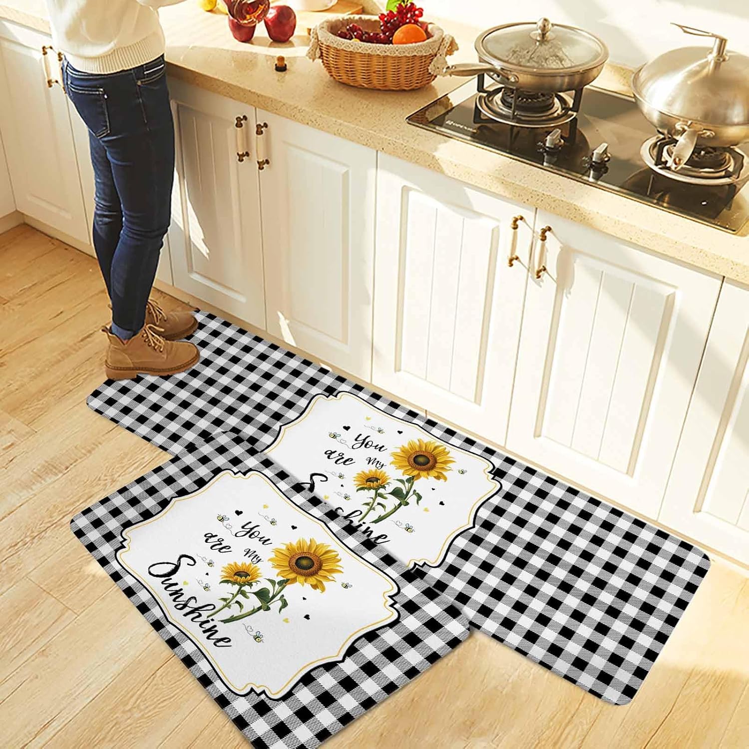 Sunflowers Kitchen Rugs and Mats Set of 2, Non-Slip Kitchen Sink Mat, Yellow Floral Botanical Black White Plaid Farmhouse Washable Doormat Bathroom Rugs Runner for Bedroom 19.7"x23.6"+19.7"x47.2"