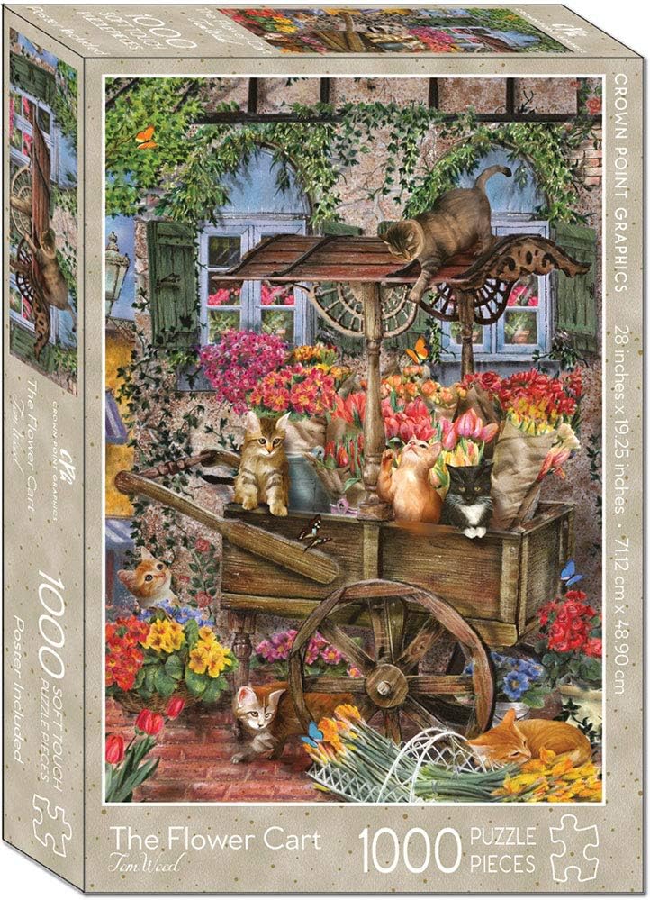Crown Point Graphics The Flower Cart - 1000 Piece Jigsaw Puzzle - Artist Tom Wood - Soft Touch Design - Flower Puzzle with Kittens, Cats and Butterflies