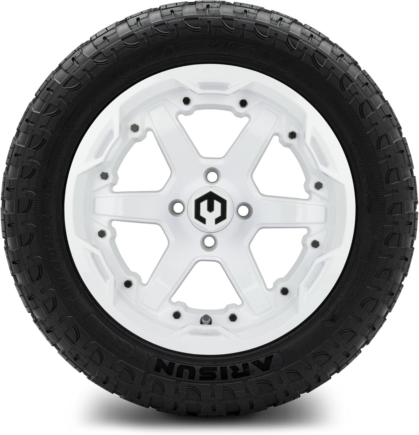 MODZ® Gladiator Glossy White 14" Golf Cart Wheels and Arisun X-Armory (23x10-R14) DOT Steel-Belted Radial Golf Cart Tires Combo - Set of 4
