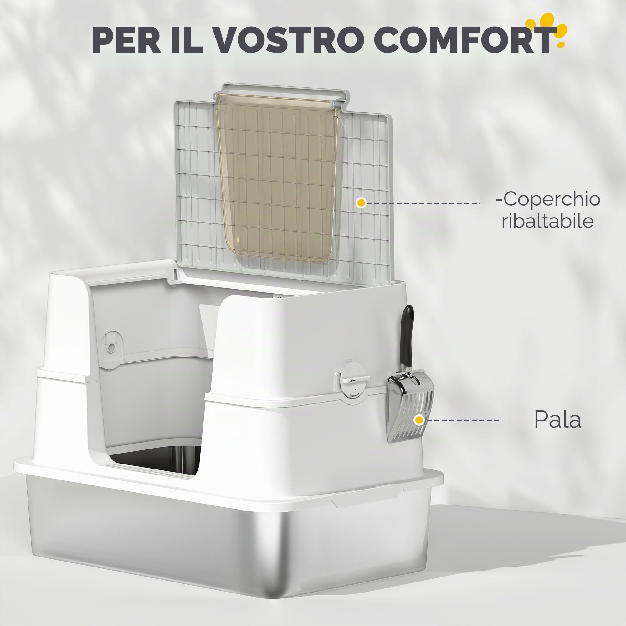 PawHut Lettiera per gatti in acciaio inox con coperchio, XL, con paletta, pedale, facile da pulire, resistente agli odori per gatti di grandi dimensioni fino a 15 kg, 60,2 x 40,2 x 44,5 cm, grigio