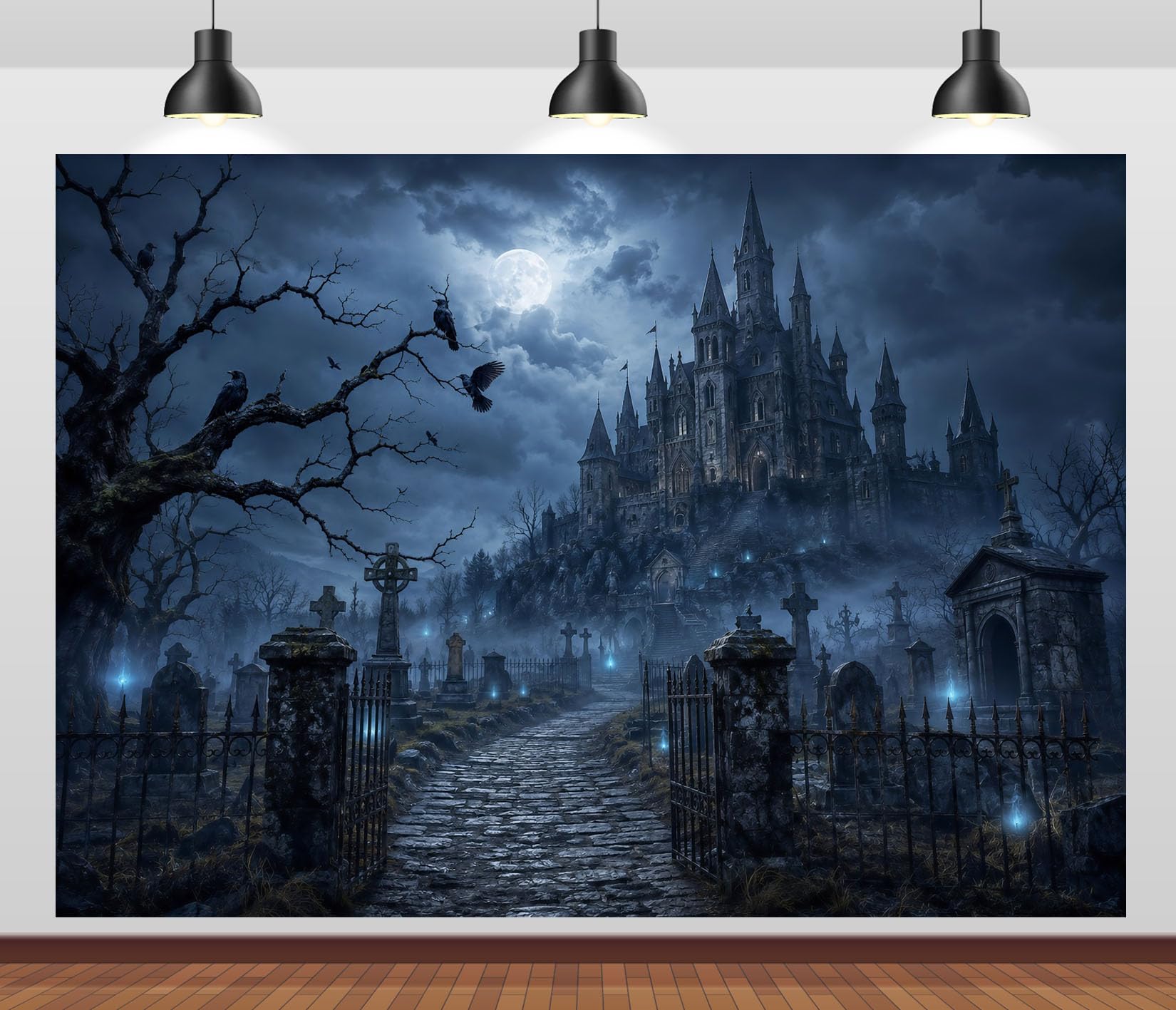 15x10FT (4.6x3m) Cimitero Castello Fiamme Blu Sfondo Fotografico