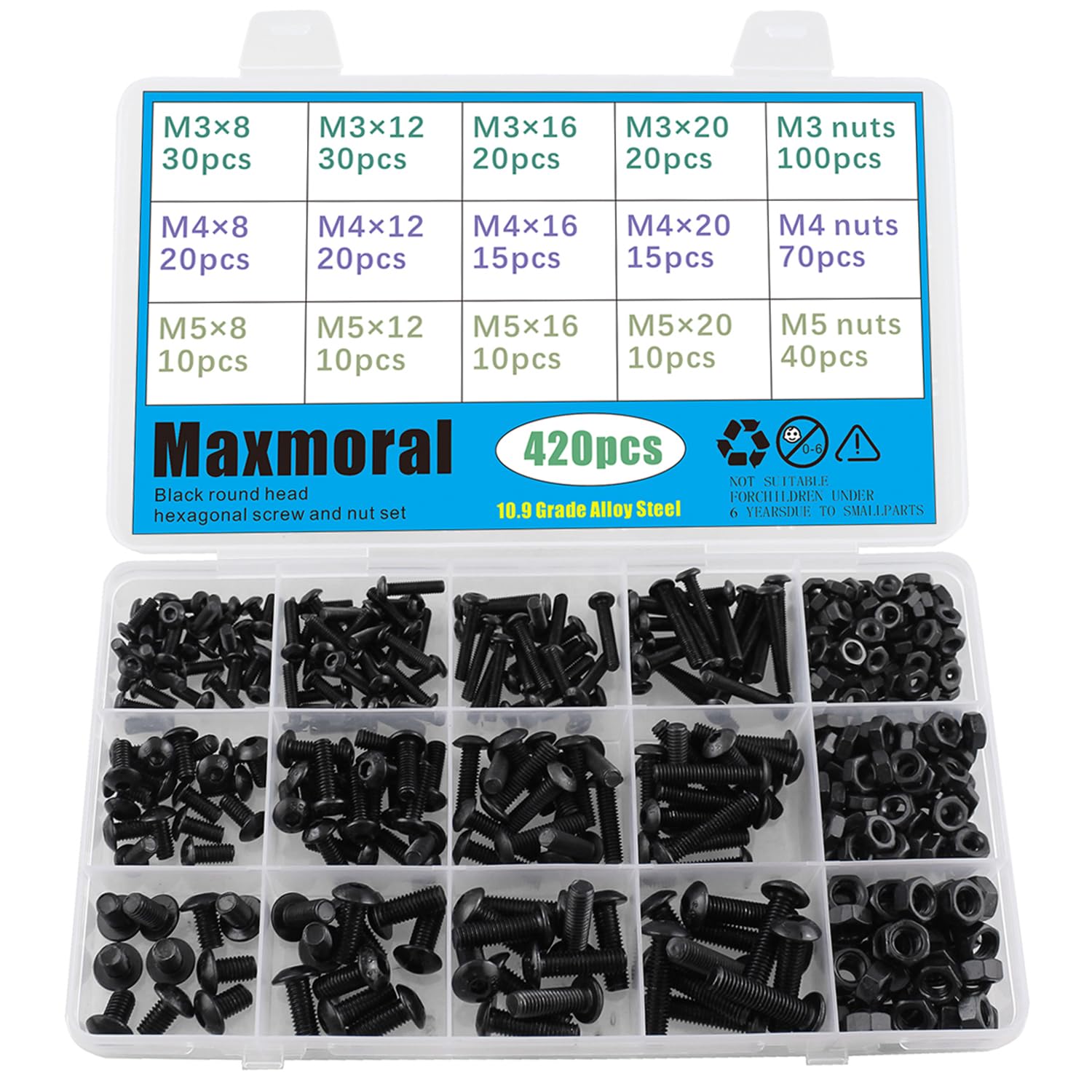 Maxmoral 420PCS Grade 10.9 Stainless Steel High Precision Black Hexagon Socket Head Screws and Nuts Set M3 M4 M5 Threaded Fasteners for Small Fixtures