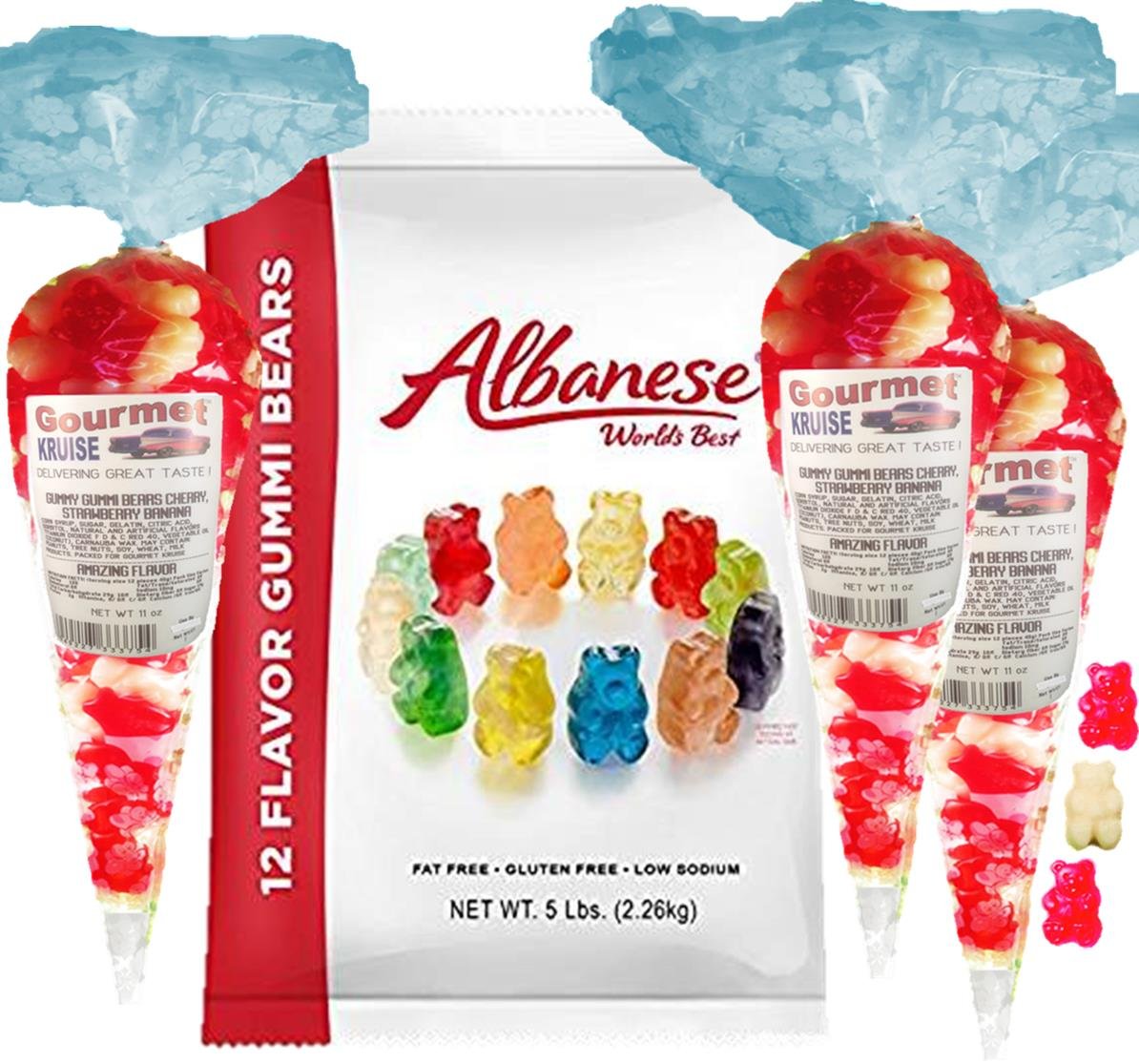 Albanese Gummi Bears-Gummy Bear Bulk 12 Flavors-5lb Bag Plus (3) Red Cherry, White Strawberry Banana Gummy Bears Gourmet Kruise Gift Bags 11 OZ 4 Bags (2) Item Bundle